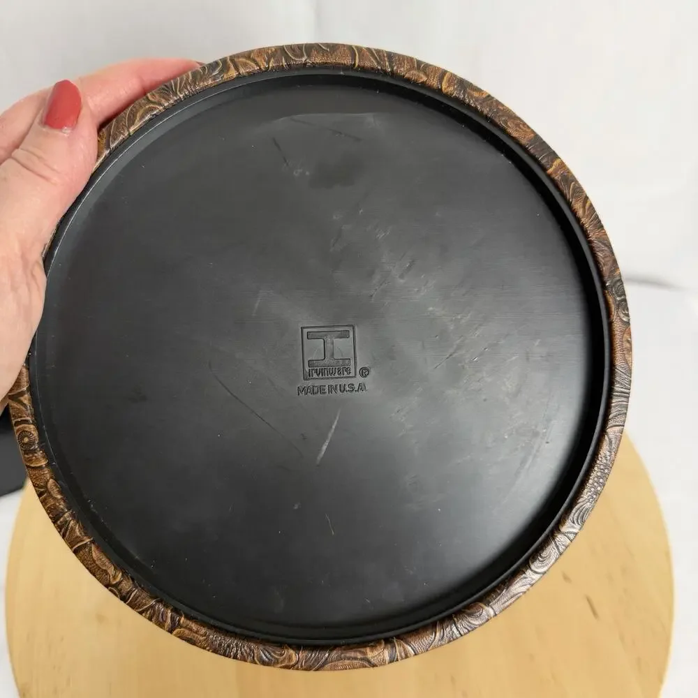 Vintage MCM Irvinware Brown Tooled Embossed Faux Leather Ice Bucket Western